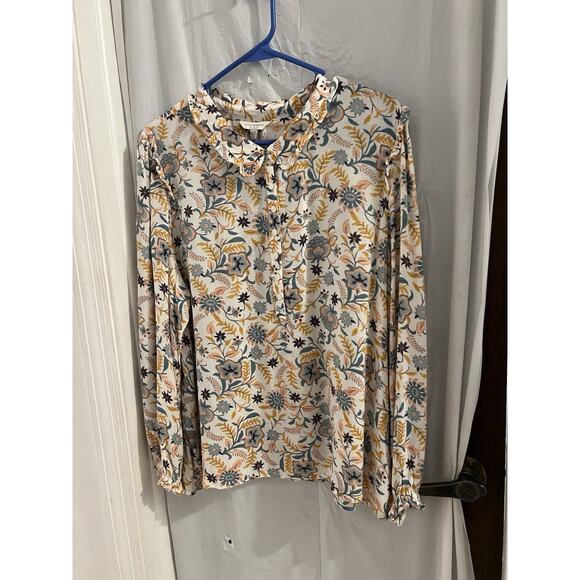 Lucky Brand Blue Orange Pink Floral Popover Peasant Top Ruffle Collar Sz Xl NWT - Picture 1 of 7